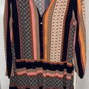 LOFT Long Sleeve Patterned Maxi Dress in Navy, Peach, Mustard